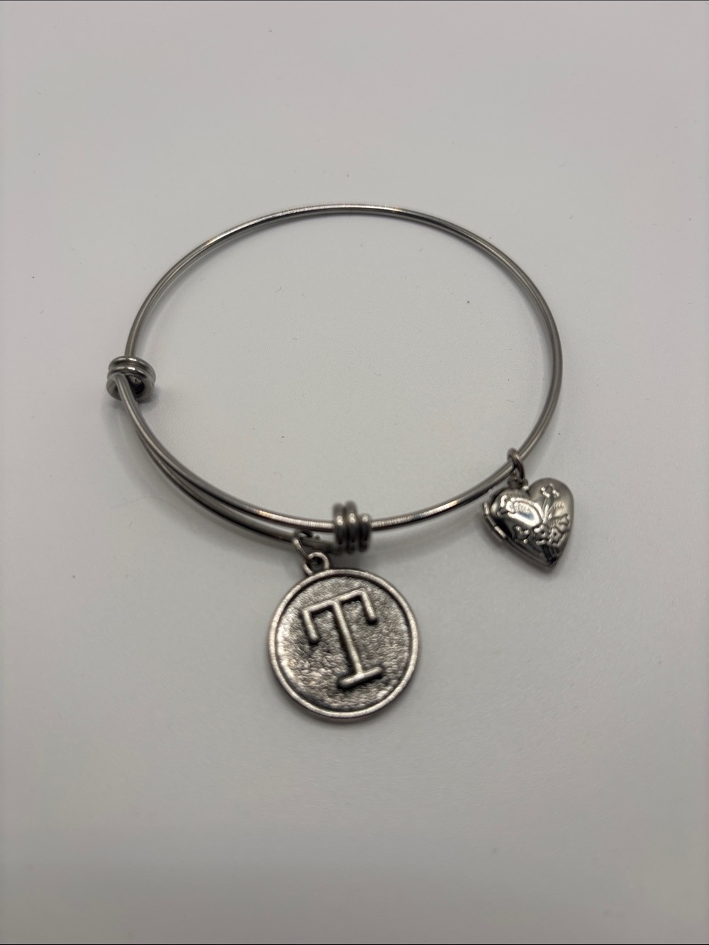 Initial 'T' Silver Charm Bangle Bracelet with Heart Charm